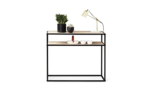 LIFA LIVING Moderne Wandtafel, Zwarte Consoletafel, Metaal en Houten Wandtafel met Opbergplanken, Industriële Bijzettafel voor Woonkamer, Slaapkamer, Gang, 100 x 30 x 85 cm