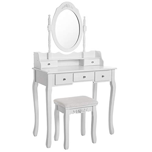 SONGMICS 5 schuifladen kaptafel met spiegel kruk, incl. 2 onderverdelers, kantelbeveiliging, 80 x 145 x 40 cm (B x H x D), wit RDT15W