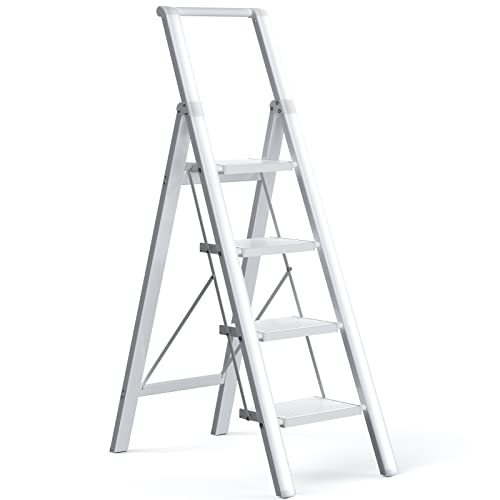 Step Ladder Folding Step Stool - Lightweight Aluminium Ladders W/ Anti-Slip Wide Pedal&Handle for Adults&Seniors, Perfect for Home Kitchen Garden Safety Decorative Ladder, Silver
