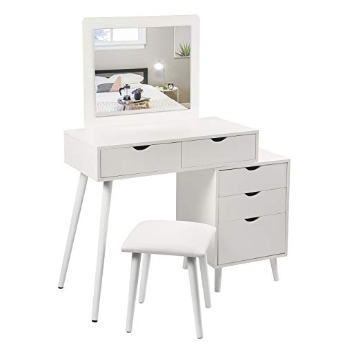 WOLTU MB6059ws Make-up tafel met spiegel,Kaptafel Cosmetische tafel met kruk,Wit