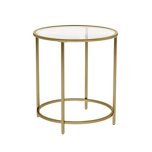 VASAGLE Bijzettafel rond, nachtkastje, kleine salontafel, 50 x 50 x 55 cm, glazen tafel met metalen frame, banktafel, balkon, gehard glas, goud LGT20G