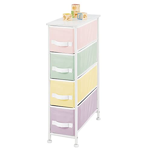 mDesign ladekast met 4 lades – smalle commode met MDF-houten paneel voor slaapkamer, woonkamer of gang – kastje van metaal en stof – veelkleurig/wit