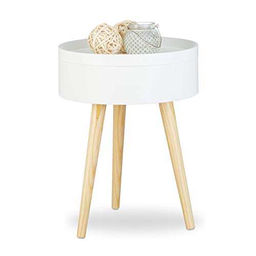 Relaxdays Bijzettafel rond Scandinavisch design, 70, nachtkastje met dienblad, opbergvak, HxBxD: 50x38x38 cm, wit