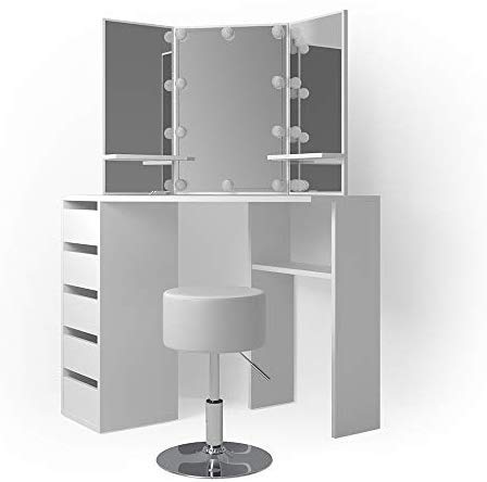 Vicco Arielle Led-hoekkaptafel, kaptafel, commode, met verlichting en kruk
