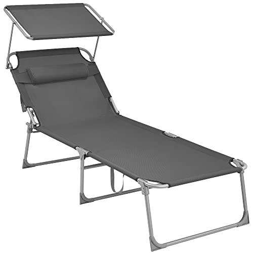 SONGMICS Zonnebank, ligstoel, tuinstoel, extra groot, 71 x 200 x 38 cm, belastbaar tot 150 kg, met hoofdsteun en luifel, verstelbare rugleuning, opklapbaar, tuin, antraciet GCB22GYV2