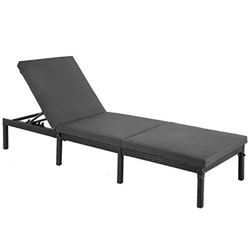 SONGMICS Zonnebank, ligstoel, tuinstoel, met 5 cm dik kussen, polyrattan, verstelbare rugleuning, 59 x 198 x 28 cm, belastbaar tot 150 kg, tuin, balkon, zwart-beige GCB27GYV1