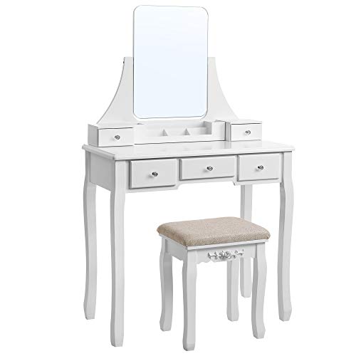 VASAGLE Make-uptafel met grote en frameloze spiegel, moderne kaptafel, afneembare organizer, kruk van rubberhout, 5 laden, voor slaapkamer, garderobe, wit RDT25WT