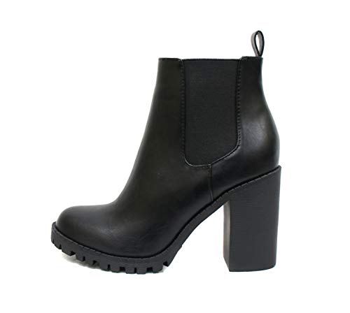 Soda Glove - Ankle Boot w/Lug Sole Elastic Gore and Chunky Heel (6.5, Black (PU))