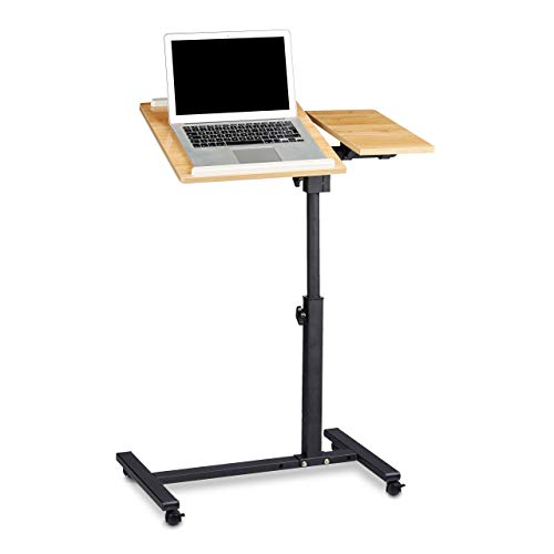 Relaxdays Laptoptafel in hoogte verstelbaar HBT 95 x 60 x 40 cm notebook standaard ook voor linkshandigen bijzettafel met rembare wielen met plank voor muis met 2 stoplatten, eikenhout, geel