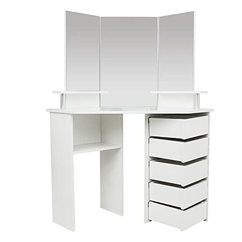 Hoek kaptafel make up visagie opmaaktafel met 3 spiegels veel opbergruimte 111 cm x 142 cm wit