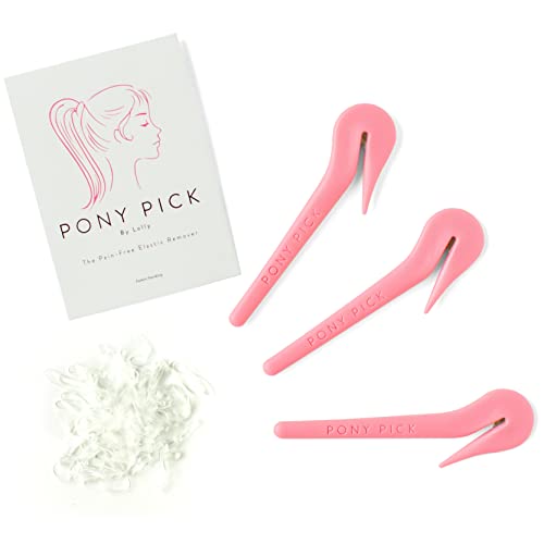 THE PONY PICK By Lolly - Elastic Rubber Bands Cutter for Hair - Elastic Hair Band Remover - Pain Free - Easy Removal - 3 Pack of Pink Pony Picks & 50 Clear Hair Elastics, Easy Grip Tools & Accessories