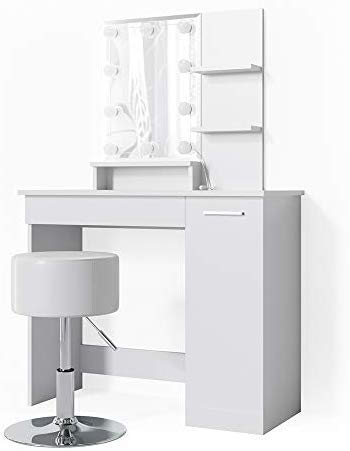 Vicco Julia Led-kaptafel, wit, incl. kruk, make-uptafel, kaptafel, spiegel