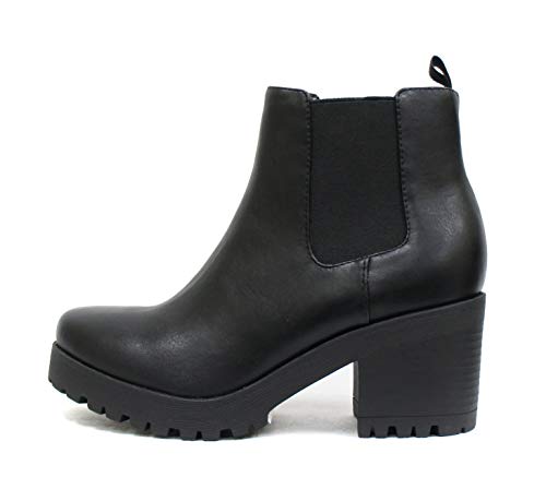 Soda Top Shoes Jaber Ankle Boot W Lug Sole Elastic Gore and Chunky Heel,Black Pu,8
