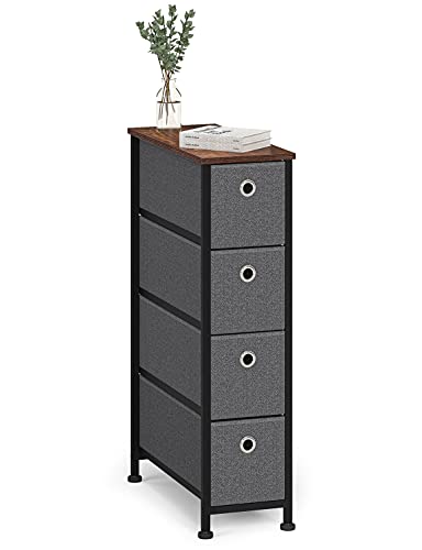 Opbergkast met 4 stoffen laden, smalle ladekast, metaal, kleine kast voor slaapkamer, woonkamer, houten+staal grijs+zwart