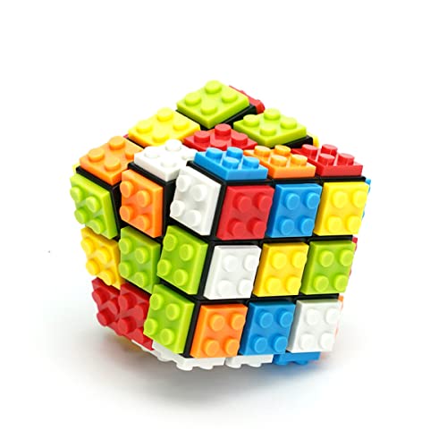 Magic Cube Rubix Cube 3x3 Build-on Brick Magic Cube Brain Teaser Puzzle and Bricks Toy in 1 for Kids Adult Gift Compatible with Lego, Black