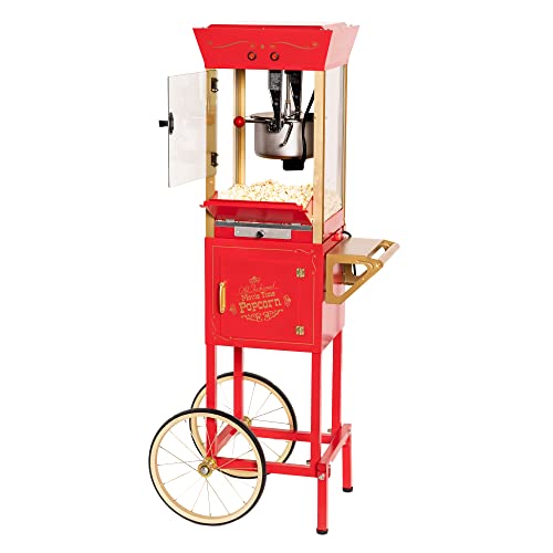 Nostalgia Popcorn Maker Professional Cart, 8 Oz Kettle Makes Up to 32 Cups, Vintage Movie Theater Popcorn Machine with Interior Light, Measuring Spoons and Scoop, Red 