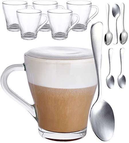 6 Cappuccinoglazen met handvat en lepel - 250 ml - Houdt lang warm - Ideaal formaat voor volautomatische koffiemachines - Vaatwasmachinebestendig