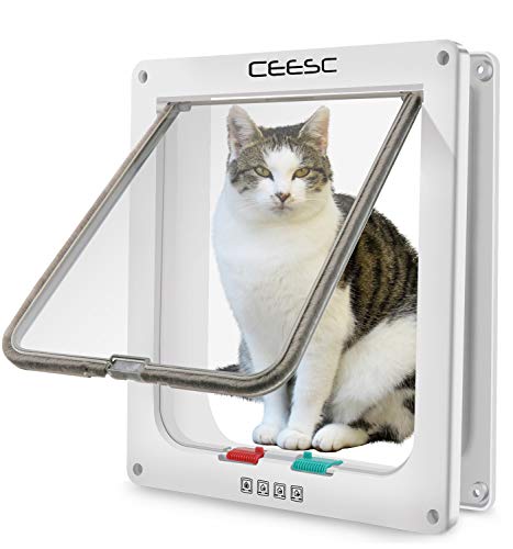 CEESC Grote kattenluik (buitenmaat 28 cm x 24,9 cm), 4-weg vergrendeling voor katten en kleine honden, omtrek  63 cm, eenvoudig te installeren en te gebruiken