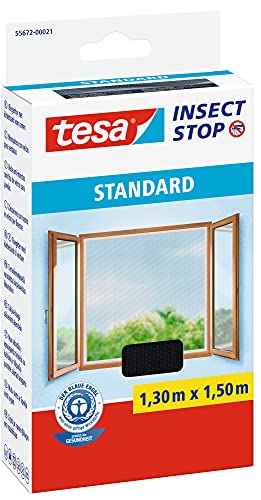 tesa Insect Stop Standard Vliegenhor voor Ramen - Insectenhor, raamhor - Met klittenband - Snij uw eigen horraam op maat - Muggenhor, antraciet, 130 cm x 150 cm || Velcro length 5.60m