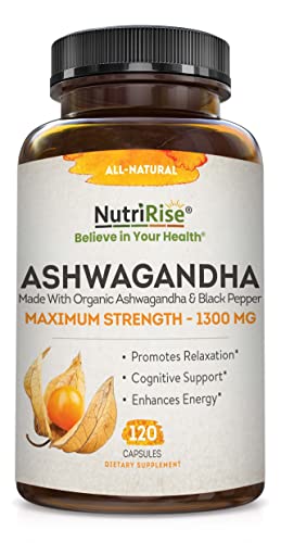 NutriRise Organic Ashwagandha with Black Pepper - 120 ct - High Potency 1300 mg  Adaptogen Supplement to Support Adrenal & Glandular Health, Focus, Energy & Vitality for Men & Women