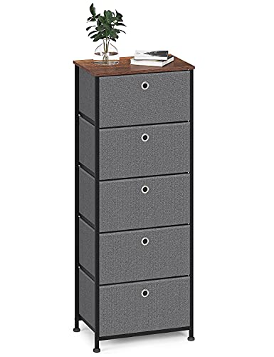 Ladekast met 5 stoffen lades opbergkast zijkast met metalen frame dressoir kast organizer houten staal voor entree woonkamer slaapkamer slaapzaal hal grijs + zwart