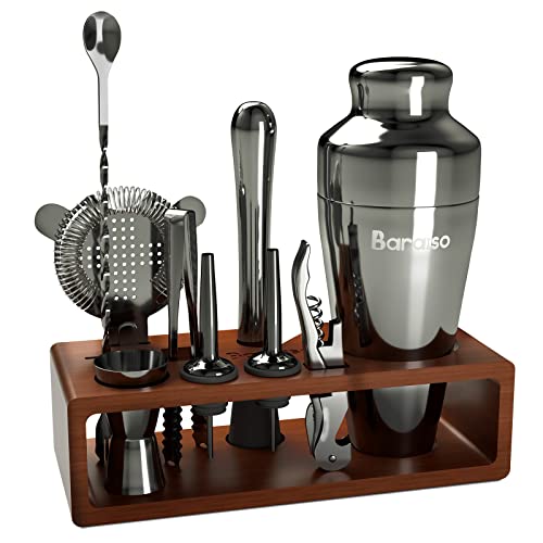 Baraiso Cocktail Shaker Set, Bartender Kit and Cocktail Shaker with Strainer, Bar Tool Kit Set and Mahogany tool sets with Mahogany Stand, Bar Accessories for the Home Bar Set - Black