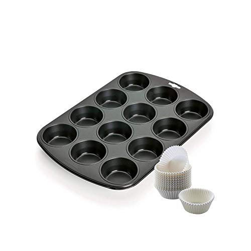 Original Kaiser 2-delige muffinvormpje, muffinbakplaat met papieren bakvormen voor 12 muffins van 38 x 27 cm, cupcakevorm met antiaanbaklaag