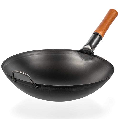 YOSUKATA Carbon Steel Wok Pan - 14 “ Woks and Stir Fry Pans - Chinese Wok with Round Bottom Wok - Traditional Chinese Japanese Woks - Black Steel Wok