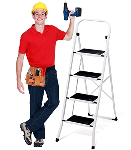 Delxo 4 Step Ladder Folding Step Stool, Heavy-Duty Sturdy Safety Tall Step Ladder Stool with Handrail Wide Pedal,White Lightweight Collapsible 4-Feet Step Stool Ladder for Adults Home Kitchen ect