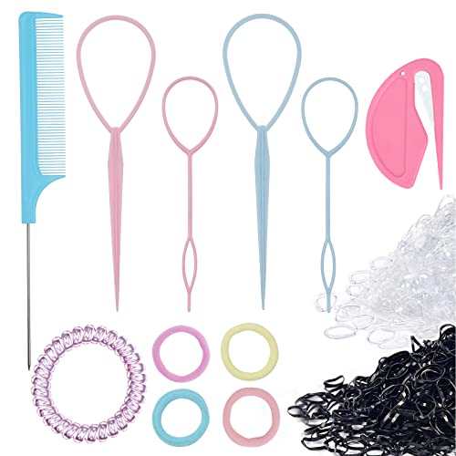 10Pcs Hair Loop Tool Set with 4 Topsy Tail Hair Tools, 1 Rubber Band Cutter for Hair, 1 Metal Pin Rat Tail Comb for Hair Styling, 100 Black & Clear Hair Elastics Rubber Bands, 4 Baby Hair Ties Seamless Hair Bands, 1 Spiral Hair Tie