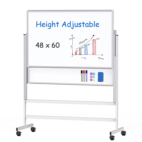 Dry Erase Whiteboard Height Adjustable, Easel Stand White Board on Wheels - 48 x 60 Large Mobile Dry Erase Board, 4' x 5' Double Sided Magnetic Whiteboard for School Office Home, Sliding Up & Down