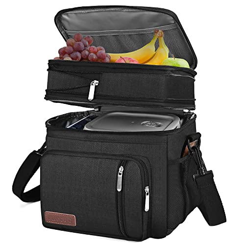 Lunch Bag for Women Men Double Deck Lunch Box - Leakproof Insulated Soft Large Lunch Cooler Bag, MIYCOO (Black,15L )