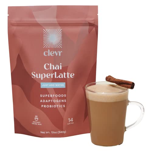 Clevr Blends Chai Tea Latte, Oat Milk Instant Latte Mix, Powder Latte Black Tea Organic Spices, Coconut Milk Superfood Creamer, SuperLatte with Adaptogens, Reishi Mushrooms, Lions Mane and Probiotics