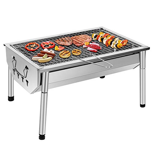 Sunjas Picknickgrill, roestvrij staal, houtskoolgrill, kleine grill, draagbare campinggrill, afneembare BBQ-grills voor outdoor, tuin, feest, enz. (40 x 28 x 21,5 cm)