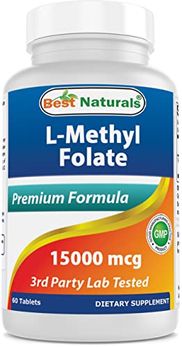 Best Naturals Methyl Folate 15000 mcg (15mg) (Most Bio-Available) 60 Tablets - Supports Cell Formation Growth Function, Brain, Memory, Cardiovascular Health