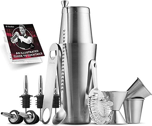 FineDine 14-Piece Cocktail Shaker Set Bartender Kit - Boston Shaker w/ Strainer, Bar Jigger, Bar Spoon & More - Full Stainless Steel Cocktail Set w/ Bar Tools - Drink Mixer Bar Set - Bar Accessories