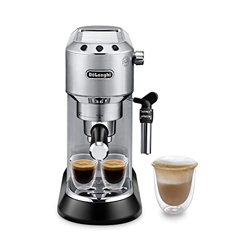 De'Longhi Dedica Style EC 685.M Espresso zeefhouder, espressomachine met professionele melkschuimmondstuk, slechts 15 cm breed, 1 liter watertank, volledig metalen behuizing, E.S.E pads, zilver