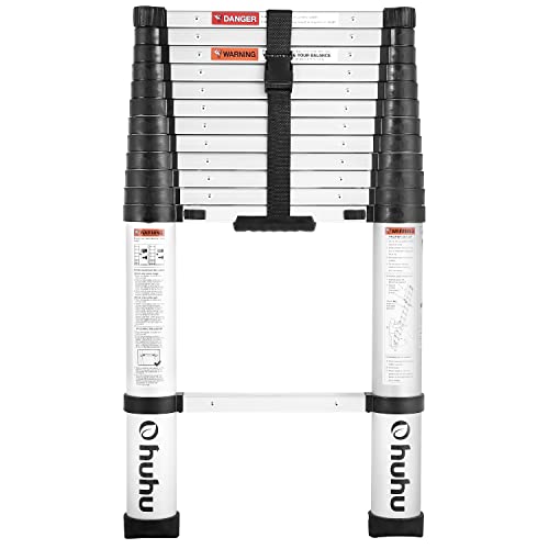 Aluminum Telescoping Ladder, Ohuhu Upgraded 12.5 FT ANSI Certified One-Button Retraction Extension Ladder Retractable Collapsible Ladders, Telescopic Compact Ladder for Home RV Loft