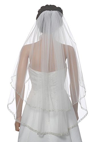 2T 2 Tier Dual Edge Embroided Pearl Crystal Beaded Veil - Ivory Fingertip Length 36