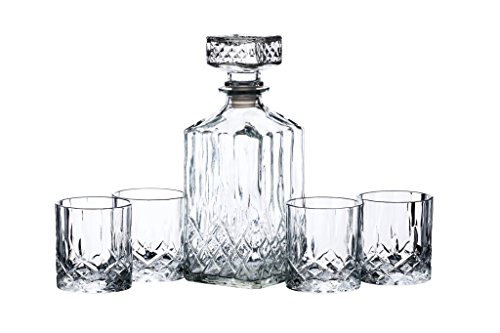 BarCraft Whiskykaraf en glazen geschenkset, 5-delige set van geslepen glas, karaf van 900 ml met siliconen afdichtingsstop en 4x bekers, 26 x 10 x 24 cm, Kristall