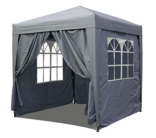Quick Star pop-up paviljoen, 2,5 x 2,5 m smoky grijs met 4 Easy-klittenband zijwanden met 2 ritssluitingen.