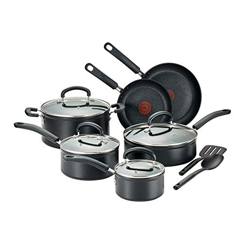 T-fal Titanium Advanced Nonstick Cookware Set, 12 Piece, Thermo-Spot Heat Indicator, Includes Frying Pans, Saucepans, Saute Pan, Dutch Oven with Lid and Utensils, Dishwasher Safe, Black