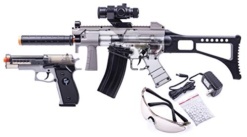 GAME FACE GFRPKTGS Ghost Affliction Full-Auto Airsoft BB Rifle And Spring-Powered Pistol Kit With Safety Glasses And BB's, (Grey/Smoke)