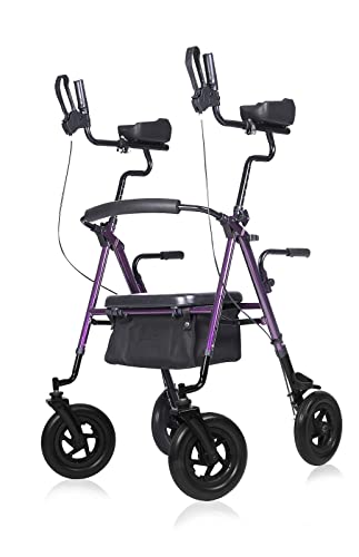 ELENKER All-Terrain Upright Rollator Walker, Stand Up Rolling Walker with 10’’Big PU Wheels and Adjustable Padded Armrests for Seniors from 4’8”to 6'4”, Purple
