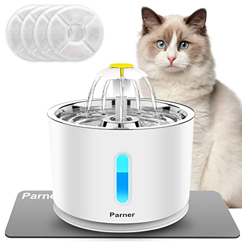 Parner kattendrinkfontein, waterdispenser voor katten met waterstandvenster, waterfontein voor katten uit roestvrij staal, met 4 stuks hygiënische filters en 1 siliconenmat, drinkfontein voor huisdieren met LED-licht