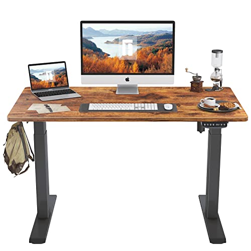 FEZIBO elektrisch in hoogte verstelbaar bureau, bartafel 100 x 60 cm, sta-bureau voor thuis en op kantoor met scheidingsbord, zwart frame/bruin afwerking