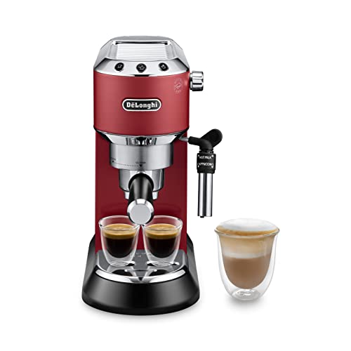 De'Longhi Dedica Style EC 685.R Espresso zeefhouder, espressomachine met professionele melkschuimmondstuk, slechts 15 cm breed, 1 liter watertank, volledig metalen behuizing, E.S.E pads, rood