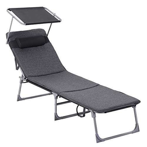 SONGMICS ligstoel, ligstoel met 3 cm dikke steun, hoofdsteun, luifel, verstelbare rugleuning, opklapbaar, 53 x 193 x 29,5 cm, tot 150 kg draagvermogen, tuin, balkon, donkergrijs GCB19UM