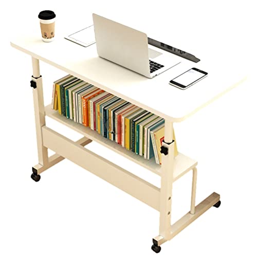 Mobiele laptop bureauwagen met bijzettafel standaard in hoogte verstelbare bovenbed draagbare wielen rollade en projector voor studeerkamer slaapkamer woonkamer (kleur: geel) (wit)
