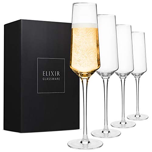 Classy Champagne Flutes - Hand Blown Crystal Champagne Glasses - Set of 4 Elegant Flutes - Gift for Wedding, Anniversary, Christmas - 8oz, Clear